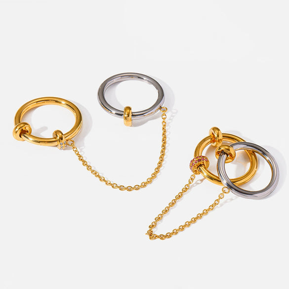 Wholesale Ins Style Geometric Stainless Steel Chain Ring With Rhinestones Vacuum Real Gold Plated In Pvd Furnace For Women