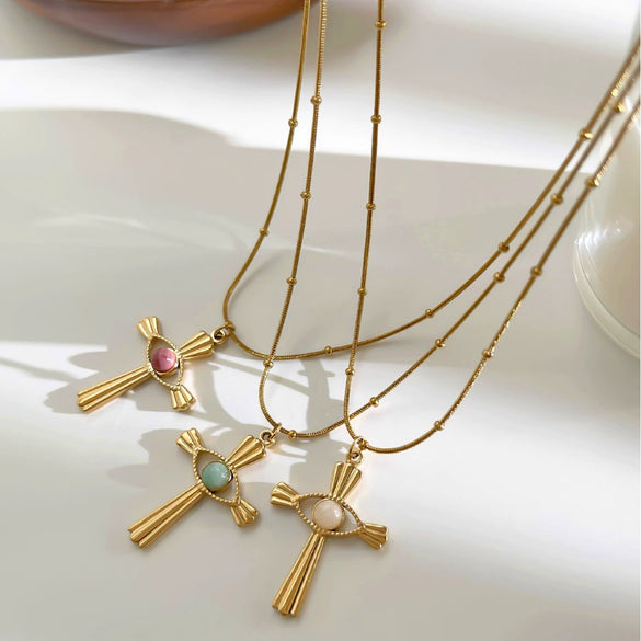 Wholesale Ins Style Geometric Stainless Steel Cross Pendant Necklace With Natural Stone Inlay Polished Plating For Women