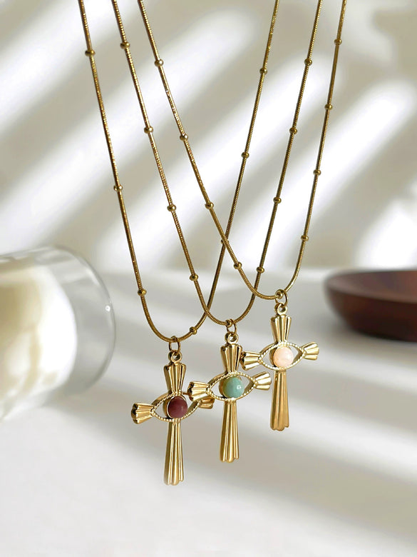Wholesale Ins Style Geometric Stainless Steel Cross Pendant Necklace With Natural Stone Inlay Polished Plating For Women