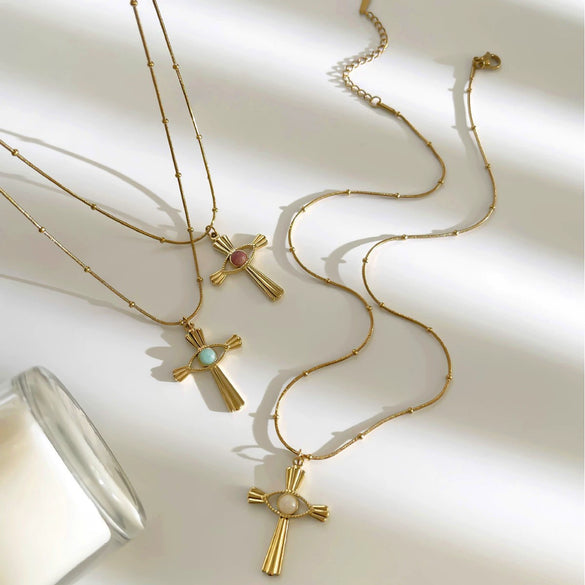 Wholesale Ins Style Geometric Stainless Steel Cross Pendant Necklace With Natural Stone Inlay Polished Plating For Women