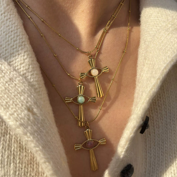 Wholesale Ins Style Geometric Stainless Steel Cross Pendant Necklace With Natural Stone Inlay Polished Plating For Women