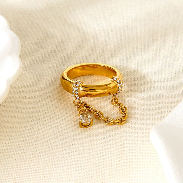 Wholesale Ins Style Geometric Water Drop Zircon Stainless Steel Ring 18K Gold Plated For Women