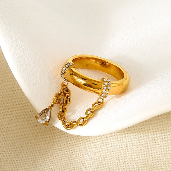 Wholesale Ins Style Geometric Water Drop Zircon Stainless Steel Ring 18K Gold Plated For Women