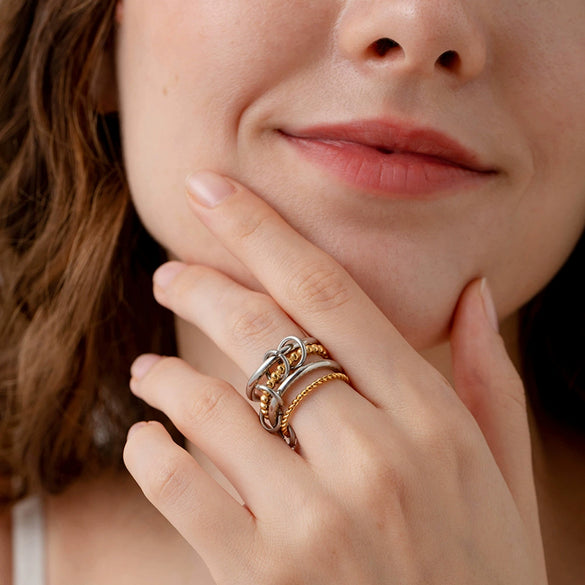 Wholesale Ins Style Geometric Zirconia Stainless Steel 18K Gold Plated Braided Bead Fourlayer Ring For Women