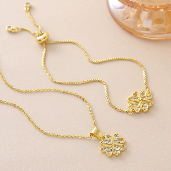 Wholesale Ins Style Goldplated Copper Fourleaf Clover Pendant Necklace With Pullout Bracelet Jewelry Set For Women