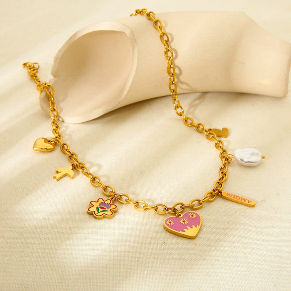 Wholesale Ins Style Heart Flower Pendant Stainless Steel Titanium Steel Necklace 18K Gold Plated Dripping Oil Jewelry For Women