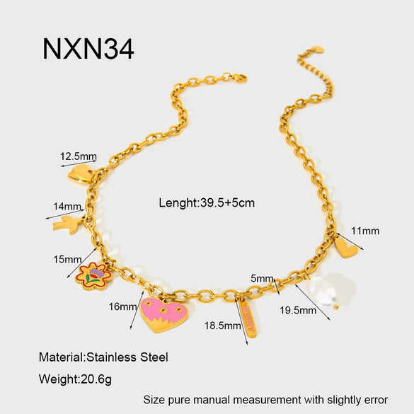 Wholesale Ins Style Heart Flower Pendant Stainless Steel Titanium Steel Necklace 18K Gold Plated Dripping Oil Jewelry For Women