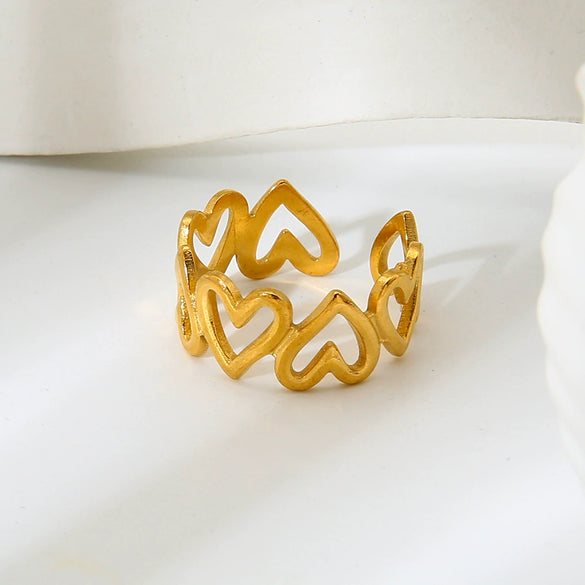 Wholesale Ins Style Heartshaped Spliced Stainless Steel 18K Gold Plated Open Ring Jewelry For Women