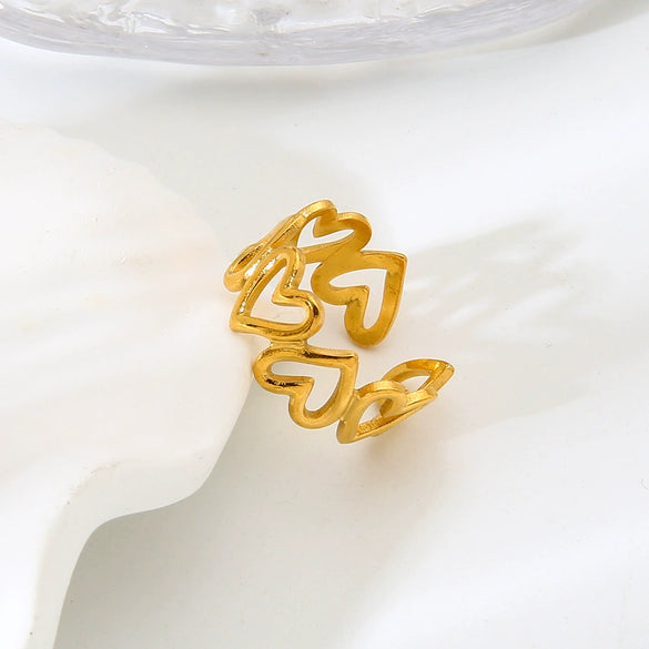 Wholesale Ins Style Heartshaped Spliced Stainless Steel 18K Gold Plated Open Ring Jewelry For Women