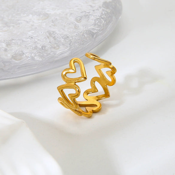 Wholesale Ins Style Heartshaped Spliced Stainless Steel 18K Gold Plated Open Ring Jewelry For Women