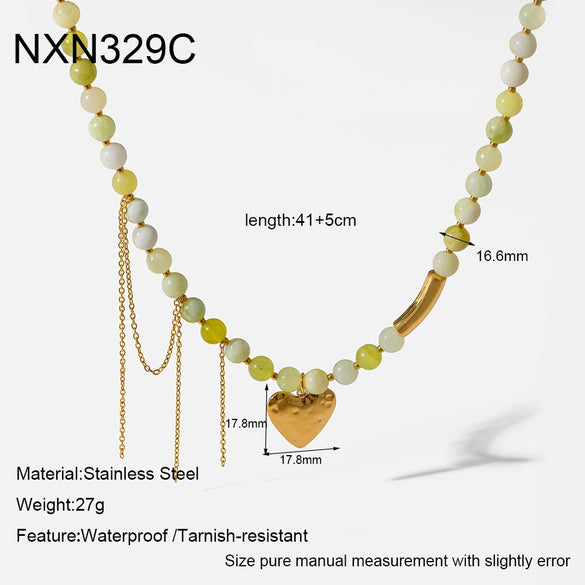 Wholesale Ins Style 18K Gold Plated Stainless Steel Heart Shape Beaded Necklace With Heart Tassel Pendant For Women