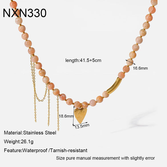 Wholesale Ins Style 18K Gold Plated Stainless Steel Heart Shape Beaded Necklace With Heart Tassel Pendant For Women