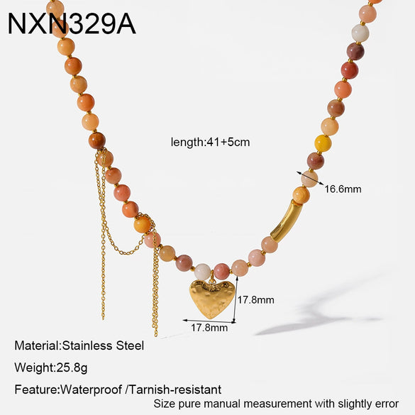 Wholesale Ins Style 18K Gold Plated Stainless Steel Heart Shape Beaded Necklace With Heart Tassel Pendant For Women