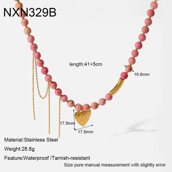 Wholesale Ins Style 18K Gold Plated Stainless Steel Heart Shape Beaded Necklace With Heart Tassel Pendant For Women