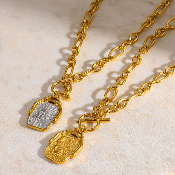 Wholesale Ins Style Minimalist Geometric Doublesided Sun And Moon Cross Chain 18K Gold Plated Stainless Steel Necklace For Unisex
