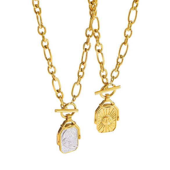Wholesale Ins Style Minimalist Geometric Doublesided Sun And Moon Cross Chain 18K Gold Plated Stainless Steel Necklace For Unisex