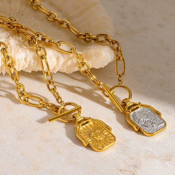 Wholesale Ins Style Minimalist Geometric Doublesided Sun And Moon Cross Chain 18K Gold Plated Stainless Steel Necklace For Unisex
