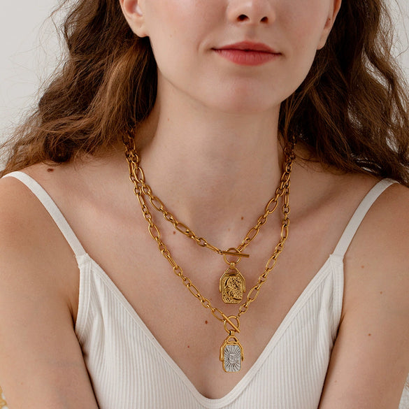 Wholesale Ins Style Minimalist Geometric Doublesided Sun And Moon Cross Chain 18K Gold Plated Stainless Steel Necklace For Unisex