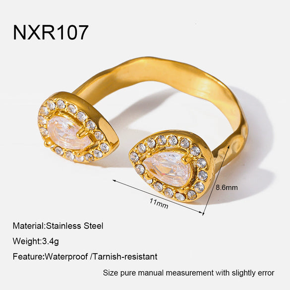 Wholesale Ins Style Minimalist Stainless Steel Open Ring With Double Teardrop Zircon For Women