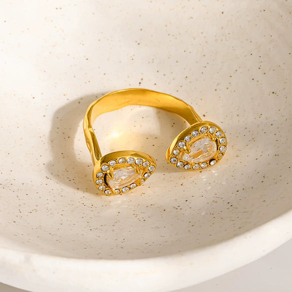 Wholesale Ins Style Minimalist Stainless Steel Open Ring With Double Teardrop Zircon For Women