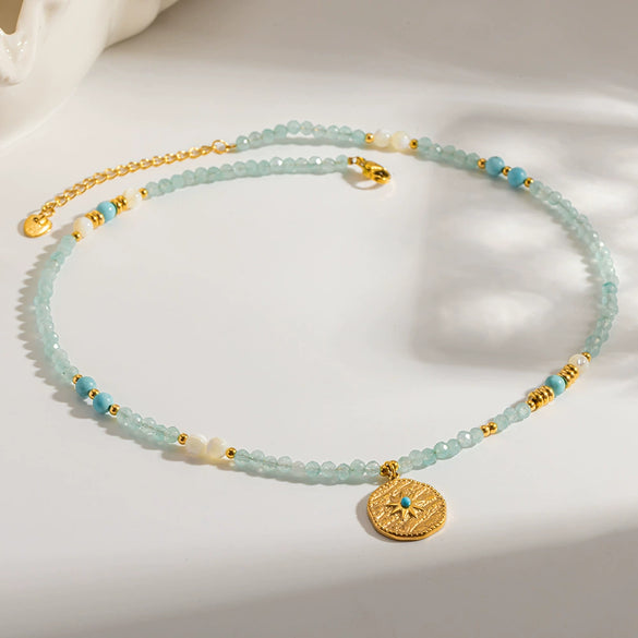 Wholesale Ins Style Mint Green Natural Stone Stainless Steel Necklace With Star Shape Geometric 18K Gold Plated Pendant And Handmade Beaded Chain For Women