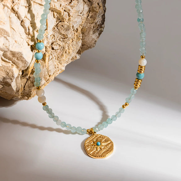 Wholesale Ins Style Mint Green Natural Stone Stainless Steel Necklace With Star Shape Geometric 18K Gold Plated Pendant And Handmade Beaded Chain For Women