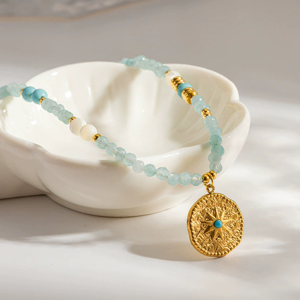 Wholesale Ins Style Mint Green Natural Stone Stainless Steel Necklace With Star Shape Geometric 18K Gold Plated Pendant And Handmade Beaded Chain For Women