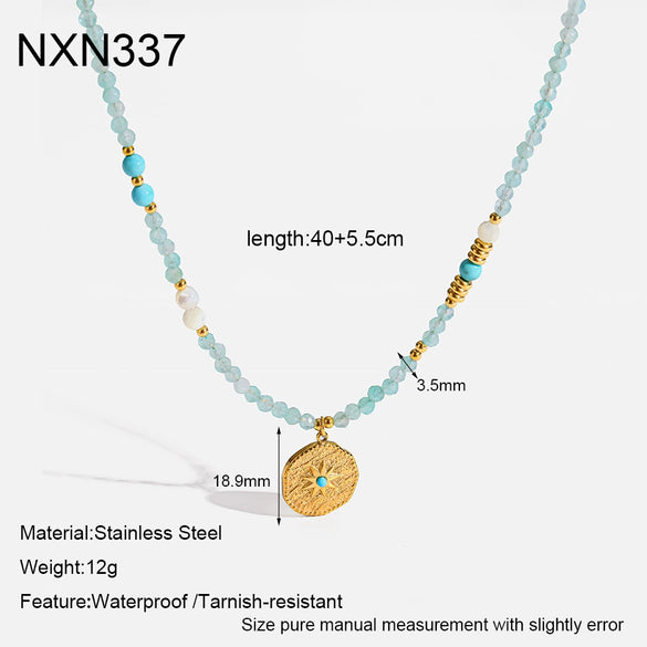 Wholesale Ins Style Mint Green Natural Stone Stainless Steel Necklace With Star Shape Geometric 18K Gold Plated Pendant And Handmade Beaded Chain For Women