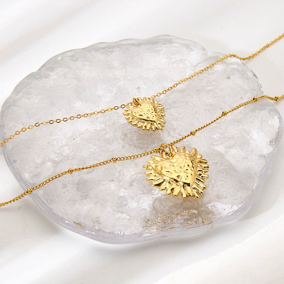 Wholesale Ins Style Stainless Steel Geometric Hammered Heart Pendant 14K Gold Plated Doublelayer Necklace For Women