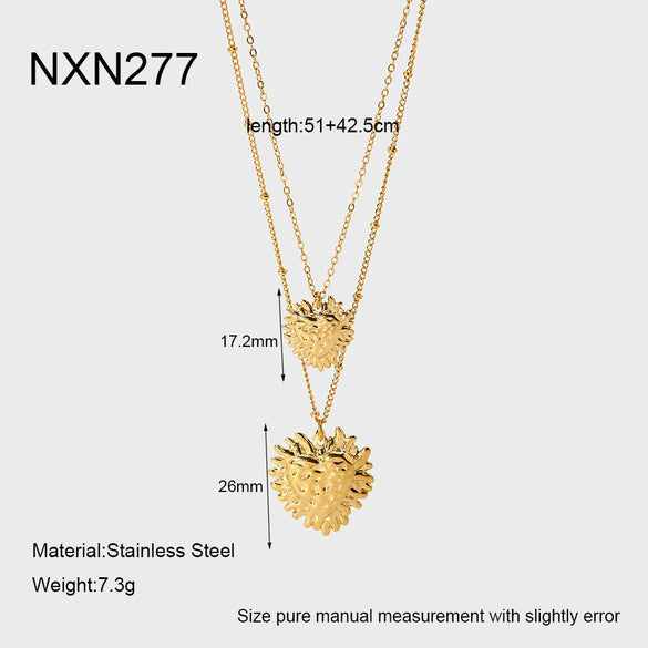 Wholesale Ins Style Stainless Steel Geometric Hammered Heart Pendant 14K Gold Plated Doublelayer Necklace For Women