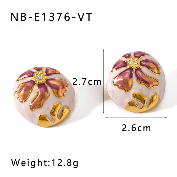 Wholesale Ins Style Stainless Steel 18K Gold Plated Oval Asymmetric Oil Drop Flower Pattern Bohemian Women Earrings With Furnace Vacuum Plating
