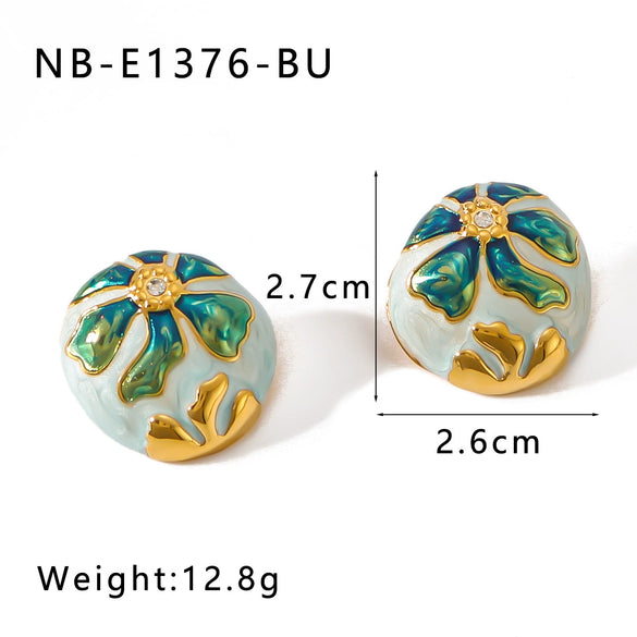 Wholesale Ins Style Stainless Steel 18K Gold Plated Oval Asymmetric Oil Drop Flower Pattern Bohemian Women Earrings With Furnace Vacuum Plating