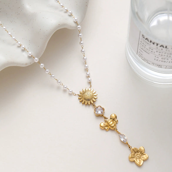 Wholesale Ins Style Sunflower Moon Star Zircon Stainless Steel Necklace With Vacuum Real Gold Plating In Pvd Furnace For Women