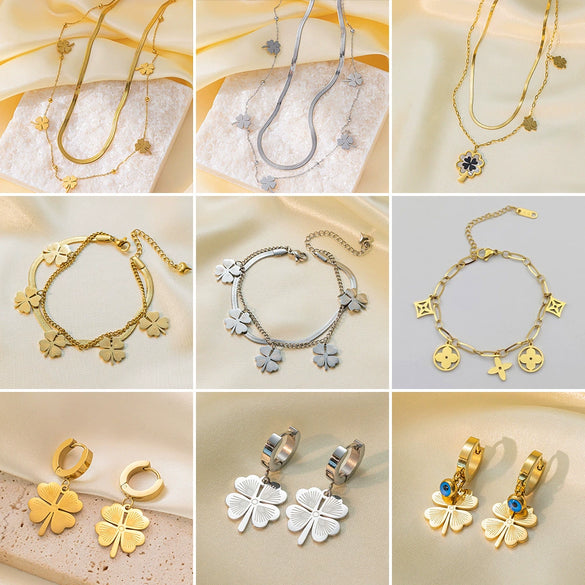 Wholesale Ins Style Women's Jewelry Titanium Steel Necklace With Clover Pendant And Plants And Flowers Pattern Electroplated Design