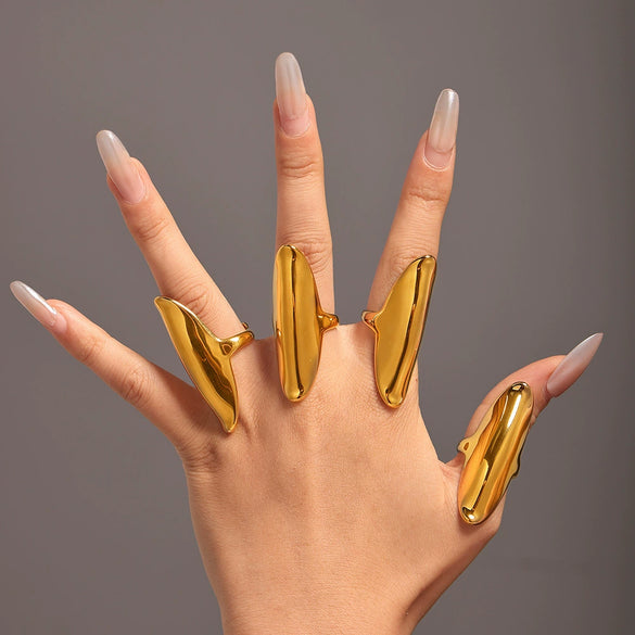 Wholesale Irregular Long Texture Fine Polished Opening Stainless Steel Ring With Geometric Pattern And Electroplating For Women