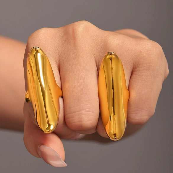 Wholesale Irregular Long Texture Fine Polished Opening Stainless Steel Ring With Geometric Pattern And Electroplating For Women
