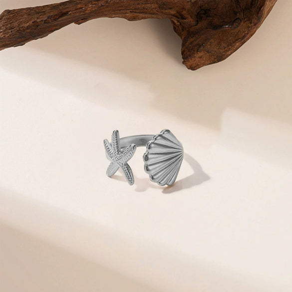 Wholesale Irregular Ocean Ring With Scallop Opening Adjustable Made Of Titanium Steel In Casual And Minimalist Style 18K Gold Plated By Vacuum Electroplating For Women