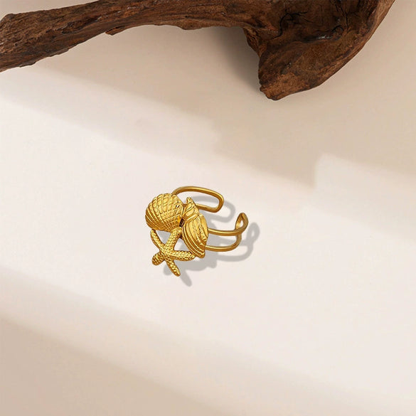 Wholesale Irregular Ocean Ring With Scallop Opening Adjustable Made Of Titanium Steel In Casual And Minimalist Style 18K Gold Plated By Vacuum Electroplating For Women