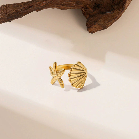 Wholesale Irregular Ocean Ring With Scallop Opening Adjustable Made Of Titanium Steel In Casual And Minimalist Style 18K Gold Plated By Vacuum Electroplating For Women
