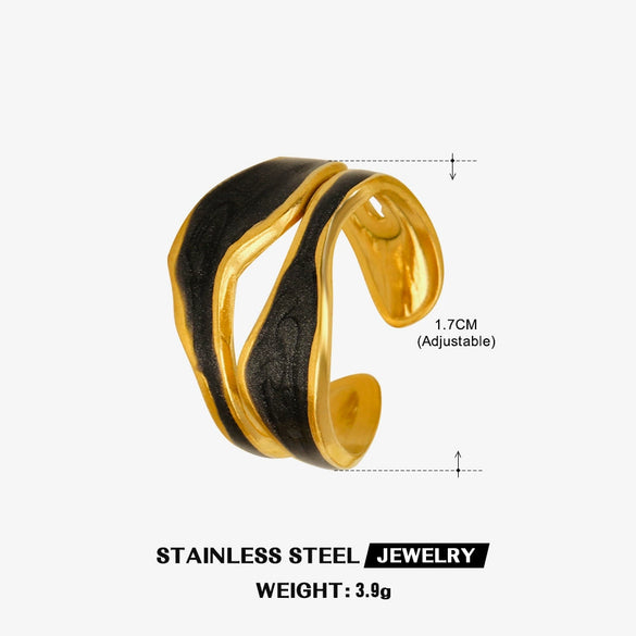 Wholesale Irregular Oil Dripping Stainless Steel Ring With Geometric Design French Retro Style 18K Gold Plated Opening Adjustable For Women