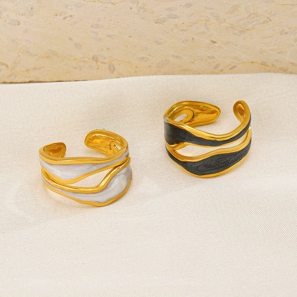 Wholesale Irregular Oil Dripping Stainless Steel Ring With Geometric Design French Retro Style 18K Gold Plated Opening Adjustable For Women