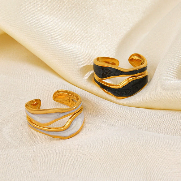 Wholesale Irregular Oil Dripping Stainless Steel Ring With Geometric Design French Retro Style 18K Gold Plated Opening Adjustable For Women