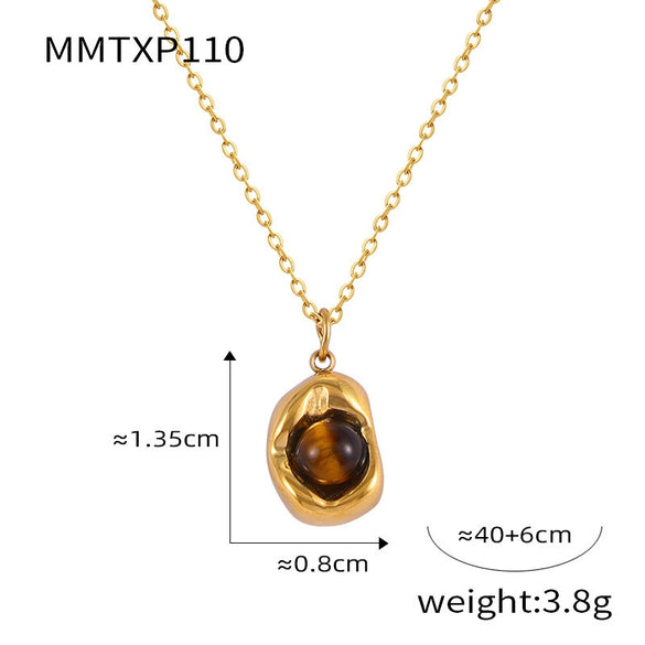 Wholesale Irregular Small Gold Bean Pendant Inlaid With Natural Tiger's Eye Stone Titanium Steel Earrings And Necklace Suit With Niche Design And Electroplating