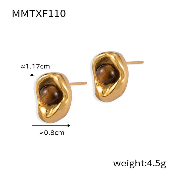 Wholesale Irregular Small Gold Bean Pendant Inlaid With Natural Tiger's Eye Stone Titanium Steel Earrings And Necklace Suit With Niche Design And Electroplating