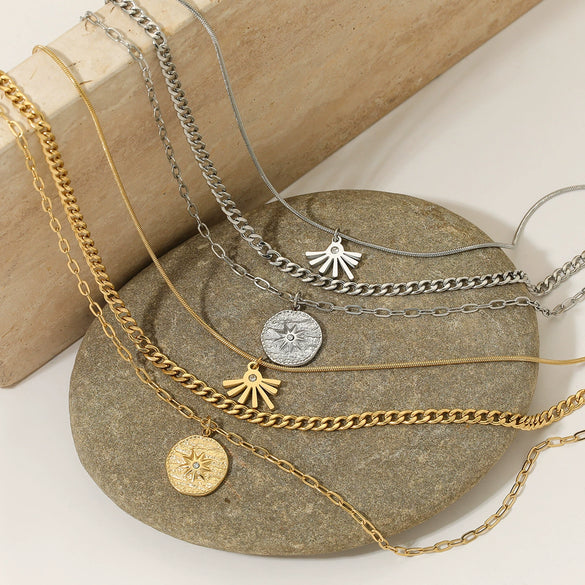 Wholesale Irregular Sun Threelayer Round Pendant Necklace In Stainless Steel With Overlapping Design And Electroplating Treatment Bamboo And O Chain For Women