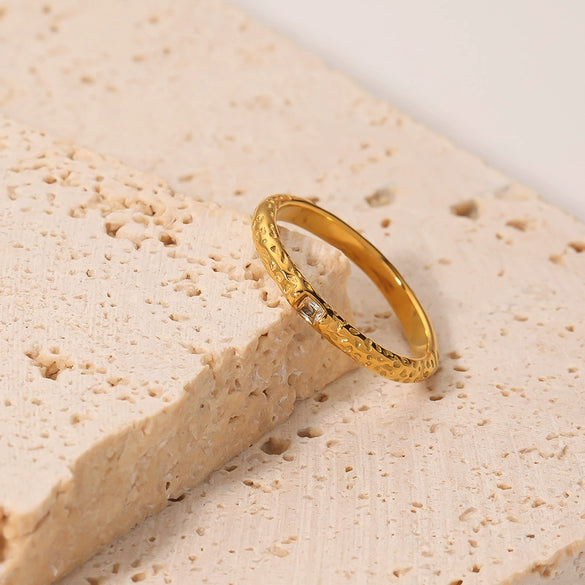 Wholesale Irregular Texture Inlaid Zircon Titanium Steel Ring With 18K Gold Electroplated For Women Geometric Style