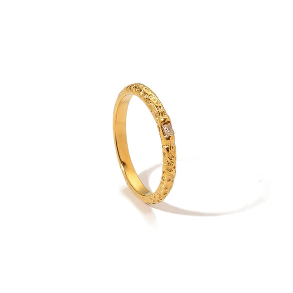 Wholesale Irregular Texture Inlaid Zircon Titanium Steel Ring With 18K Gold Electroplated For Women Geometric Style