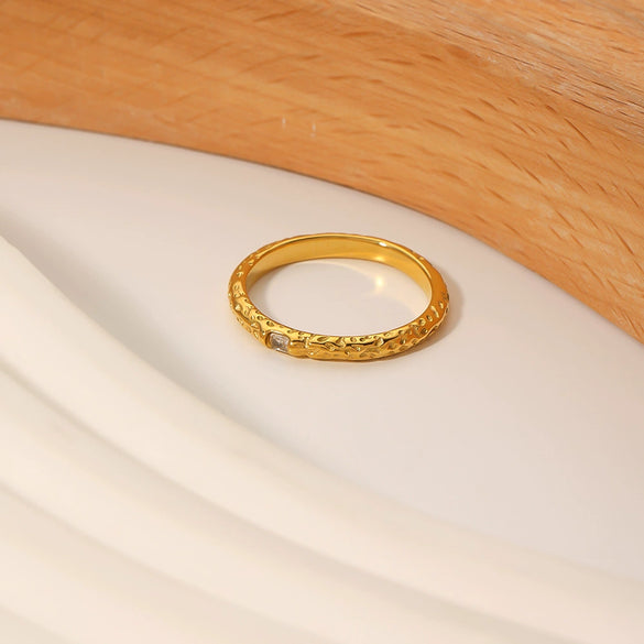 Wholesale Irregular Texture Inlaid Zircon Titanium Steel Ring With 18K Gold Electroplated For Women Geometric Style