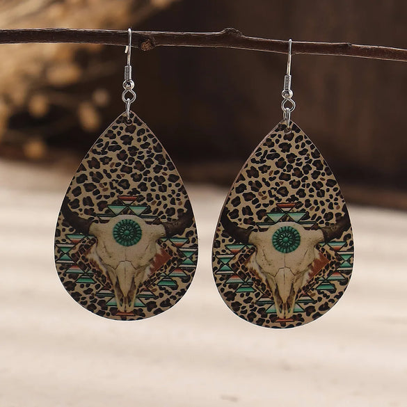 Wholesale Jewelry 1 Pair Cowboy Style Water Droplets Cattle Wood Drop Earrings