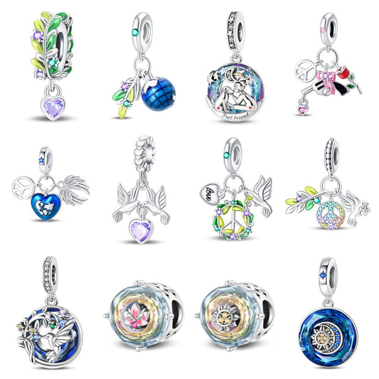 Wholesale Jewelry Accessories Bracelet Copper Plated 925 Silver Life Tree Sun World Peace Pigeon Charm Beads With Dripping Oil Design